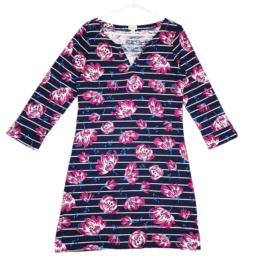 Hatley Lucy Dress Large 3/4 Sleeve V Neck Collar Floral Stripe 100% Cotton Dress